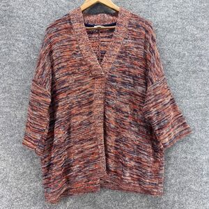 Purejill Cardigan Women M Medium Orange Striped One Button V-Neck Long Sleeve
